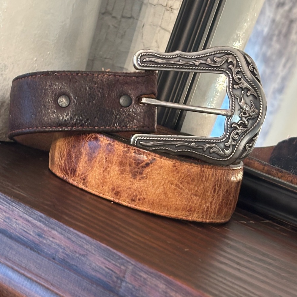 Vintage Justin Tooled Leather Belt. Silver Tone Buckle | Brown. Men’s Sz-46 55”L